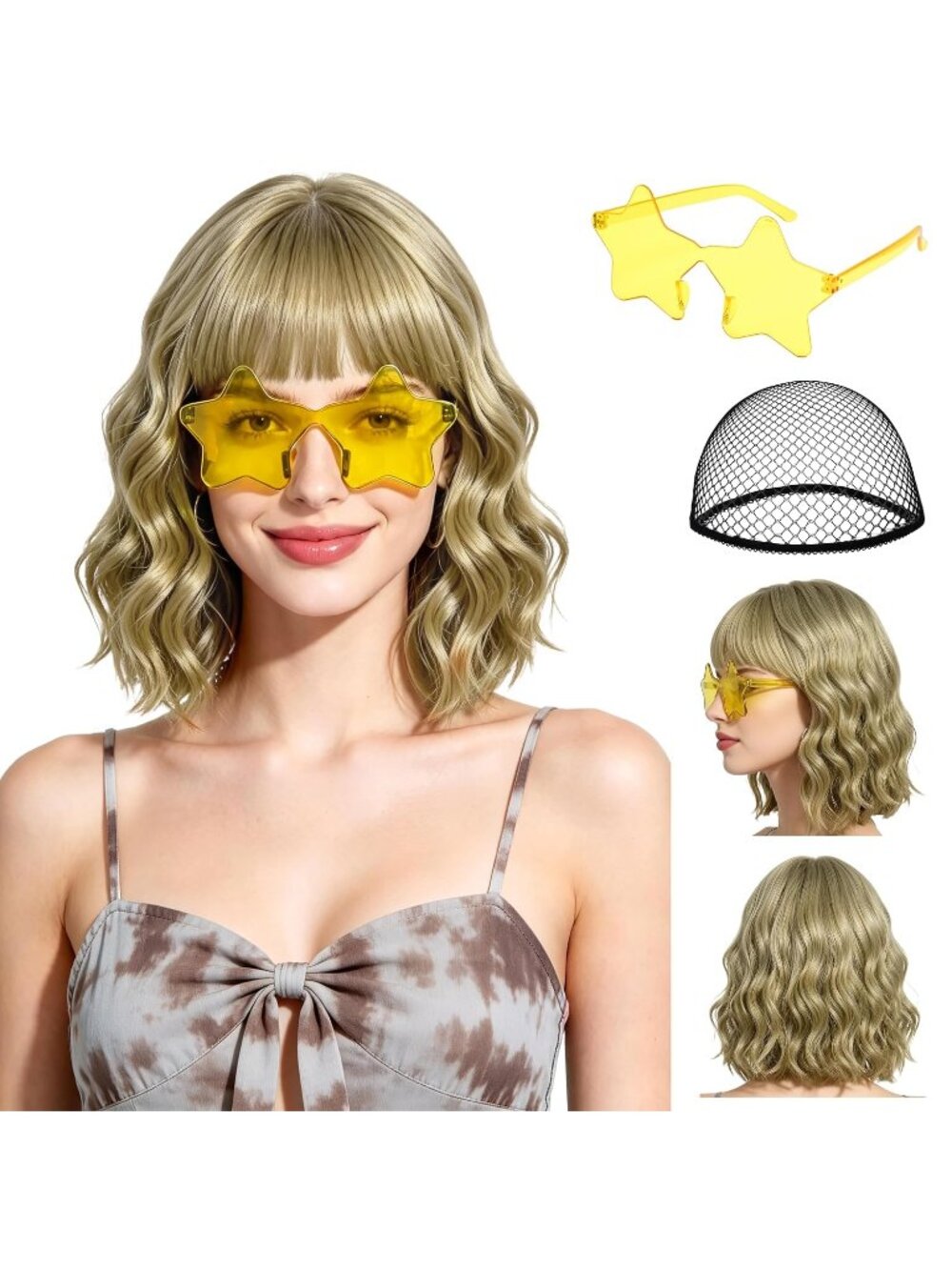 Women's Dark Gold Short Wavy Bob Bangs 15.7 Inch Heat Resistant Synthetic Wig